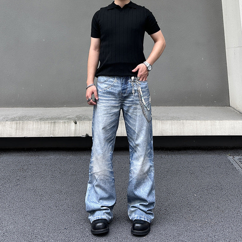 Chain Pendant Printed Jeans for Men - Summer Loose Straight Leg Wide Leg Pants