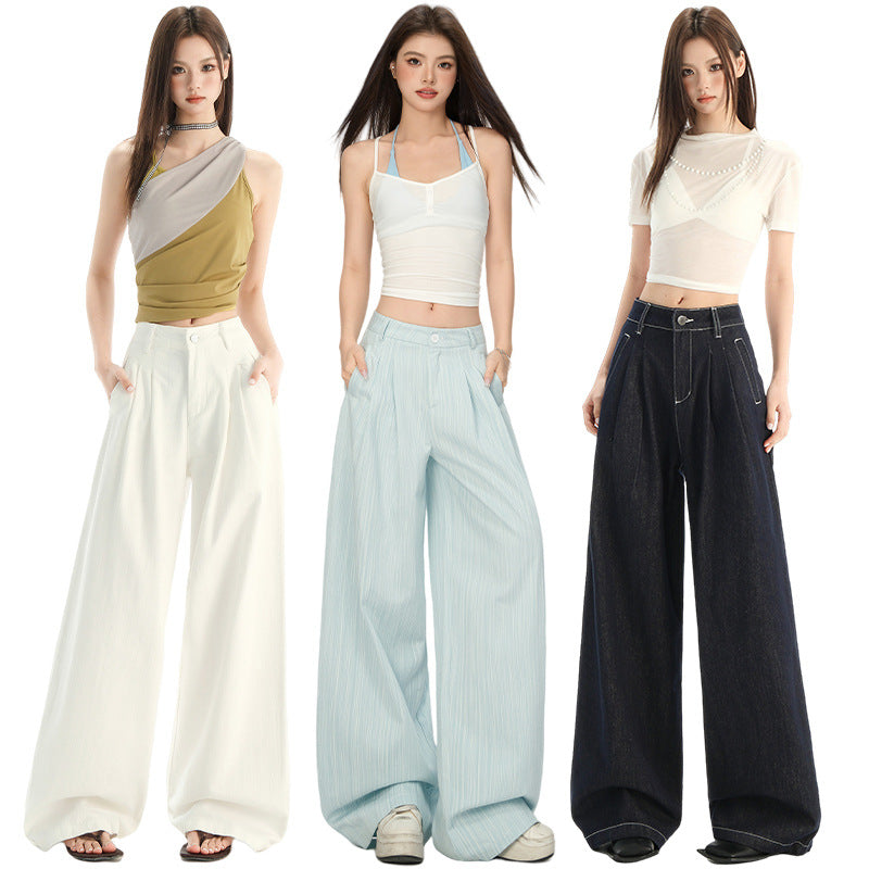 Women's Mint Blue High-Waisted Loose Pleated Denim Straight Leg Wide-Leg Pants