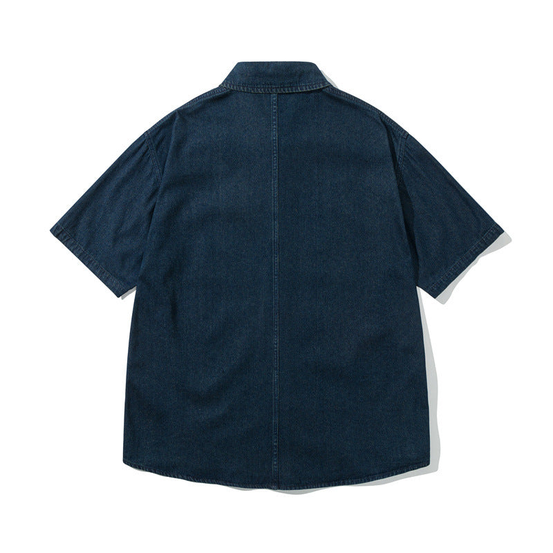 Vintage Washed Casual Denim Shirt for Men with Short Sleeves