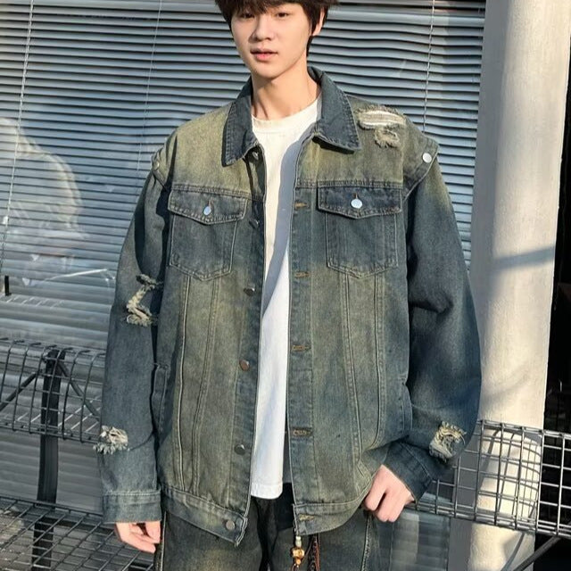 Water Washed Distressed Denim Jacket for Men