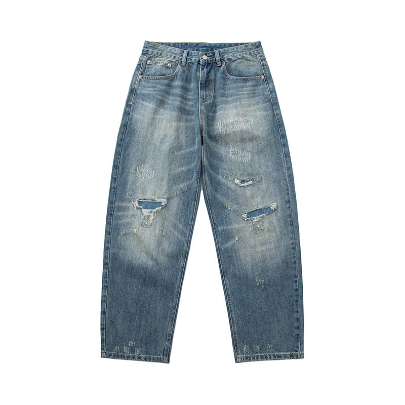 Washed Distressed Ripped Loose Straight Casual Jeans for Men