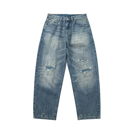 Washed Distressed Ripped Loose Straight Casual Jeans for Men