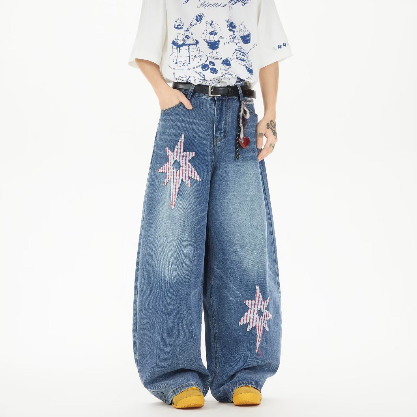 Retro Star Patch Embroidered Denim Wide Legged Casual Pants