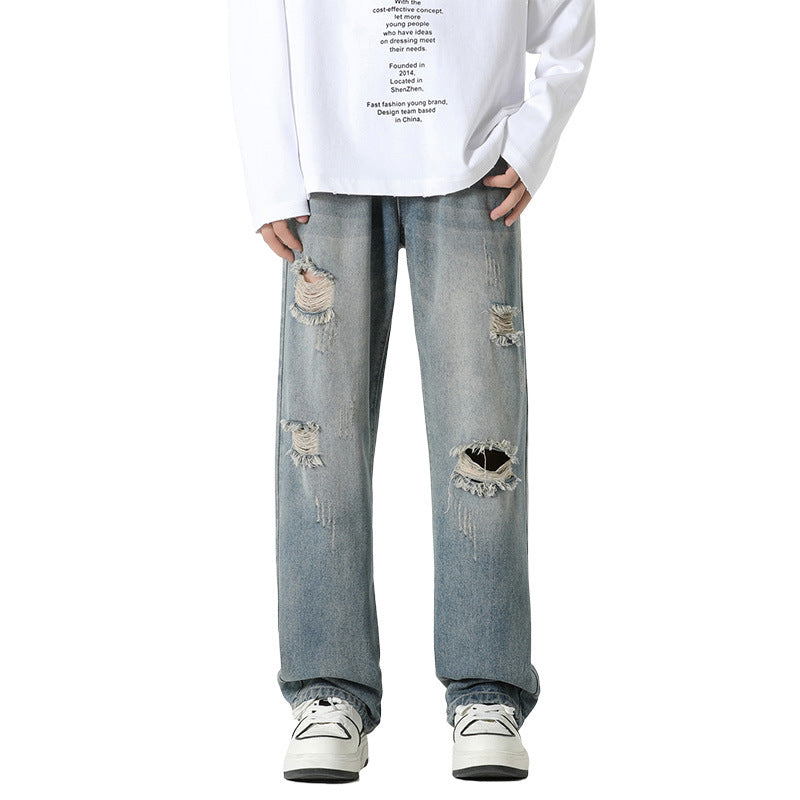 Men's Loose Straight Leg Trousers - Vintage Blue Wide Leg Pants