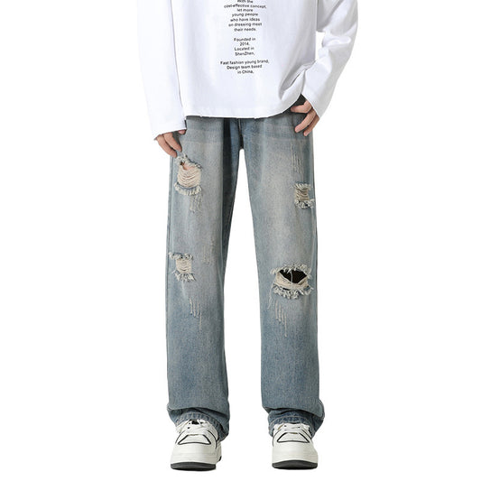 Men's Loose Straight Leg Trousers - Vintage Blue Wide Leg Pants