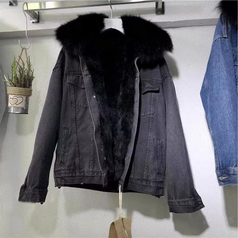 Velvet Cotton Coat with Denim Fur Collar