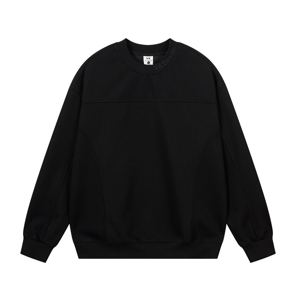 Men's Round Neck Sweater, Solid Color, Simple Patchwork, Loose Fit, Casual Top for Men