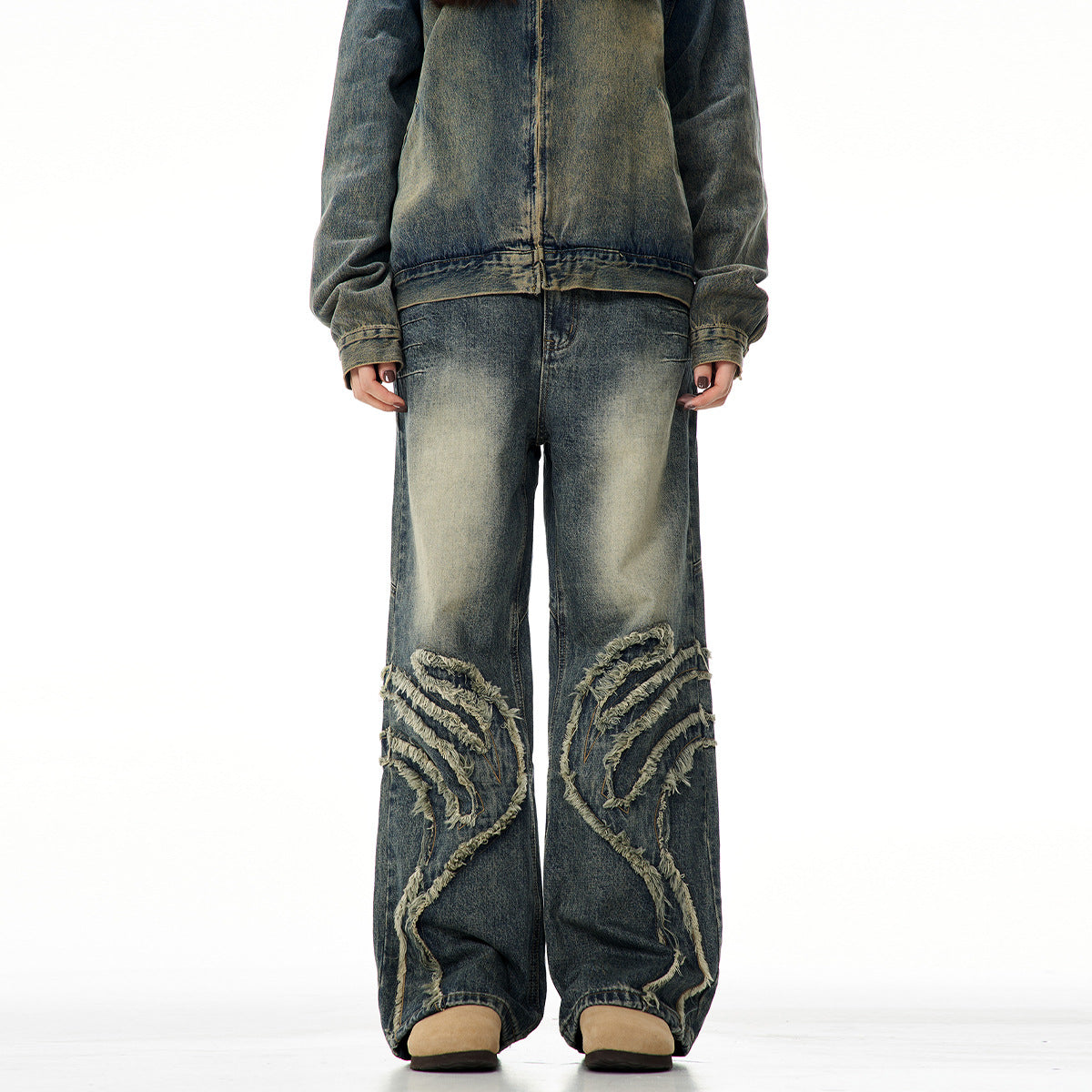 Faded Denim Pants Vintage Blue - High Street Design Distressed Casual Slim Fit