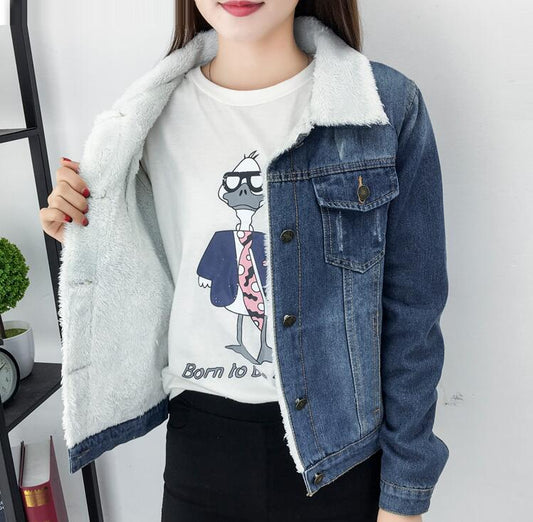 Spring Autumn Winter Women Lambswool Jean Coat with 4 Pockets