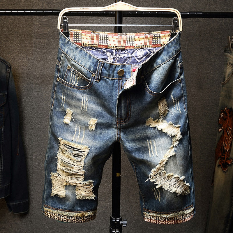 Men's Vintage Distressed Slim Fit Denim Shorts