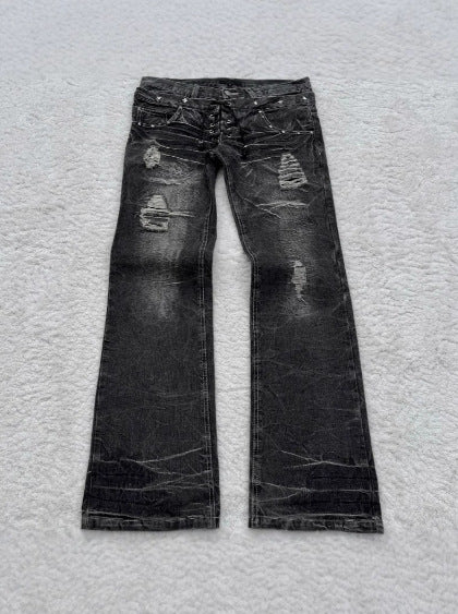 Gothic Style Flared Jeans -  Distressed Denim Trousers