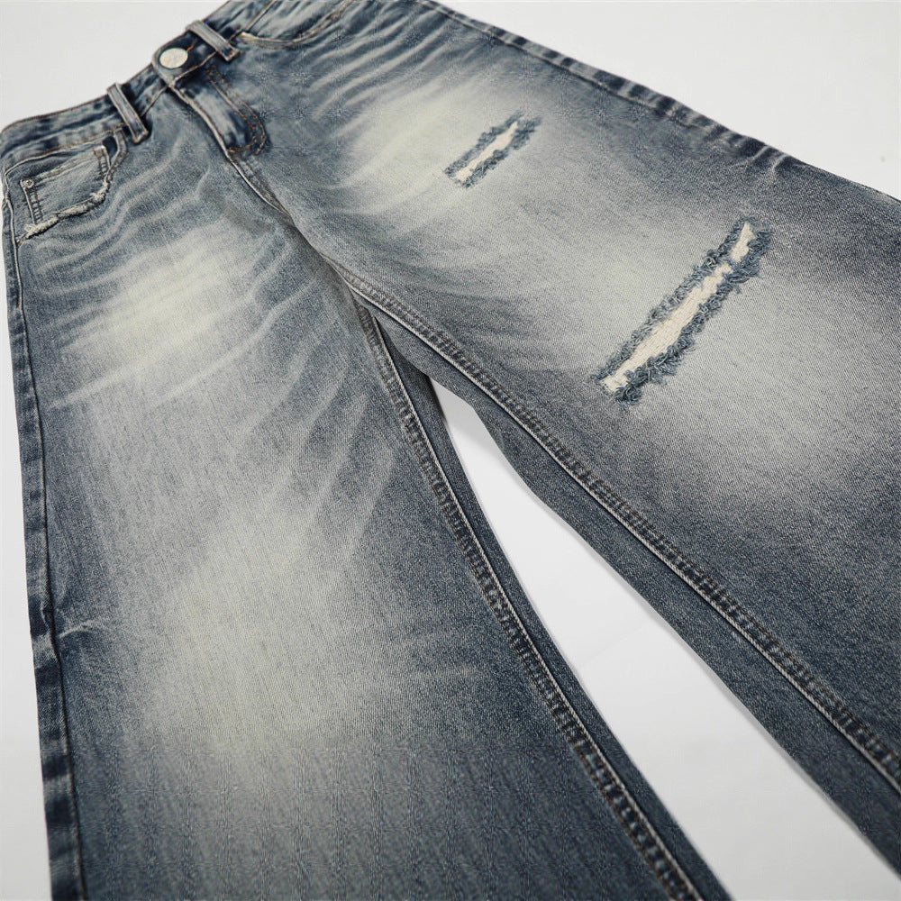 Men's Jeans, Distressed Catwhisker Knife Cut, Casual Loose Fit,  and Versatile Men's Pants