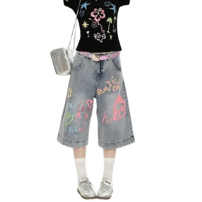 Men's Hand-Painted Colorful Graffiti Denim Pants