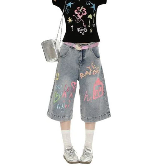 Men's Hand-Painted Colorful Graffiti Denim Pants