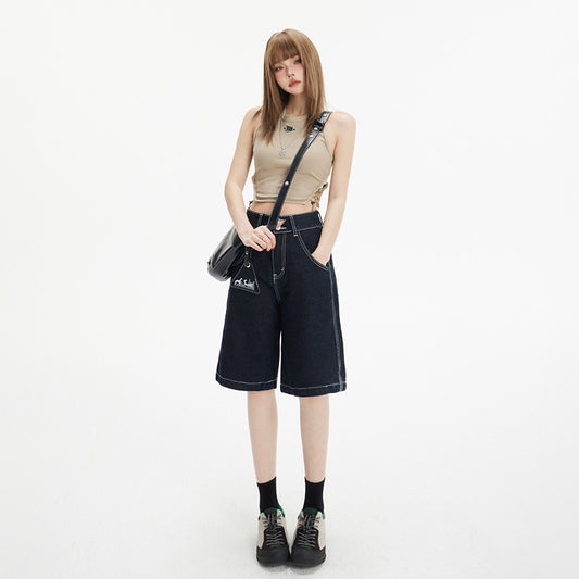 Women's Double Button High Waist Retro Loose Wide Leg Denim Trousers