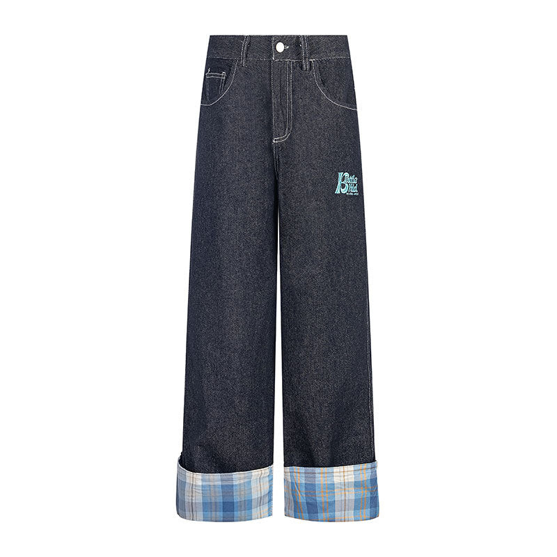 Checkered Patchwork Rolled Edge Jeans - Premium Japanese Denim