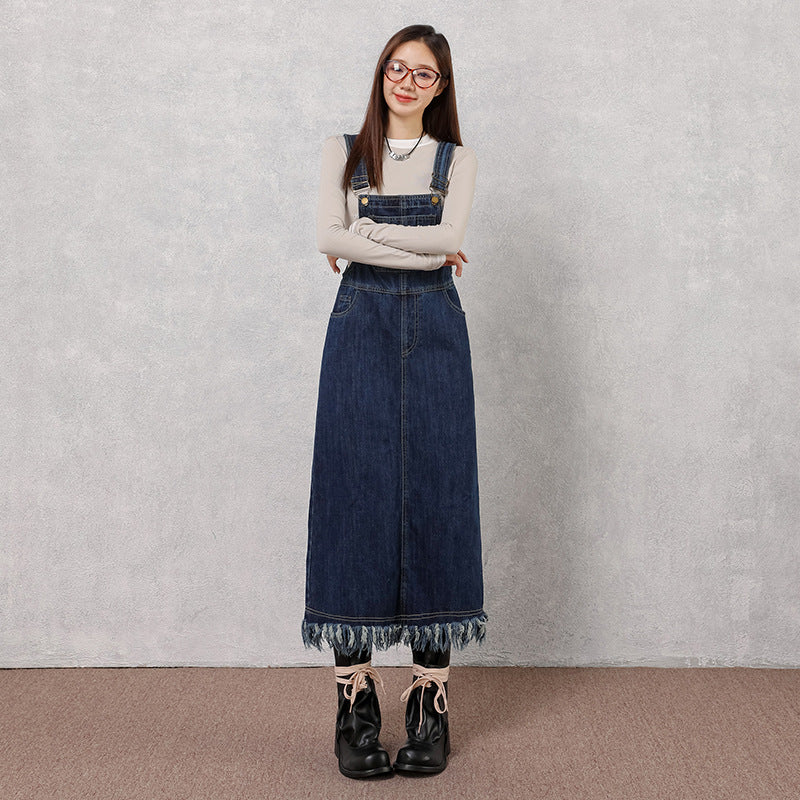 Retro Denim Pinafore Dress for Women with High Waist and Loose Fit