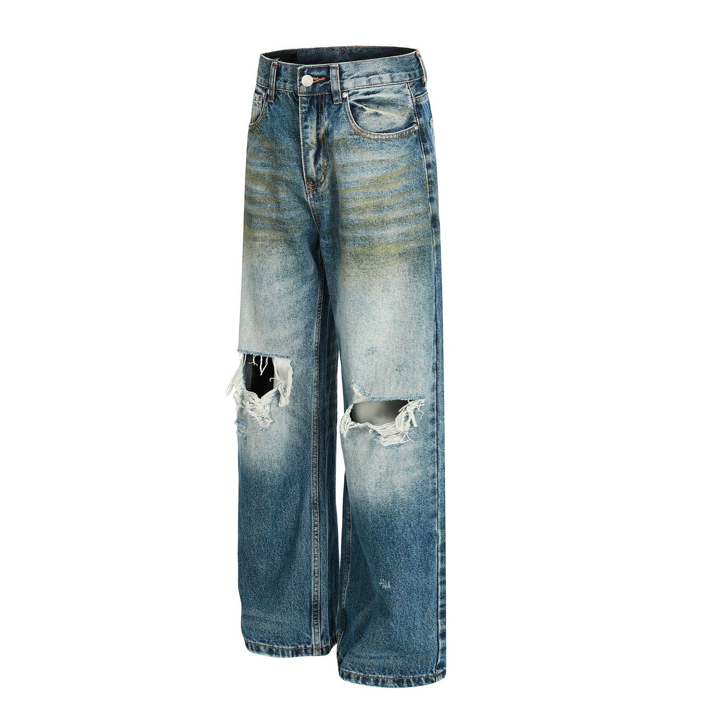 Personalized Washed Ripped Denim Straight Leg Long Pants