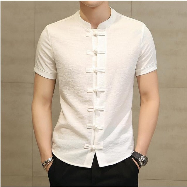 Men's Chinese Style Linen Slim Fit Casual Short Sleeve Shirt
