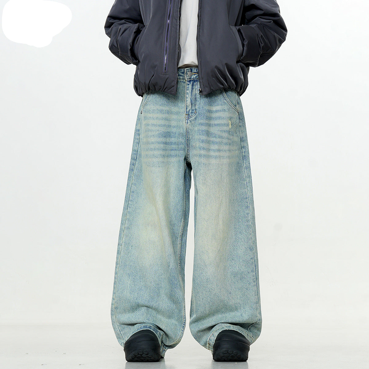 Washed Blue Straight Jeans - Retro Clean Fit Slimming Loose Casual Wide Leg Long Pants