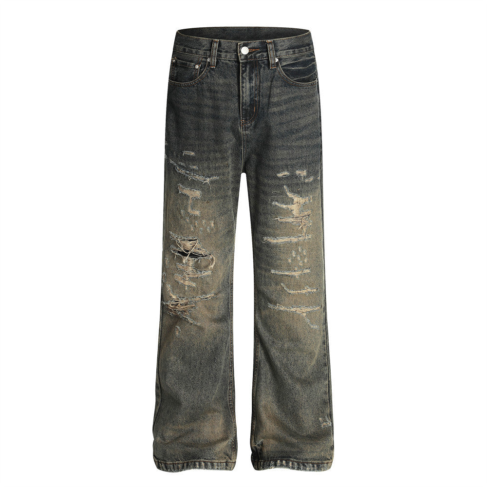 Men's Heavy-Duty Distressed Denim Long Pants - Vintage Street Fashion Loose Straight Leg Trousers
