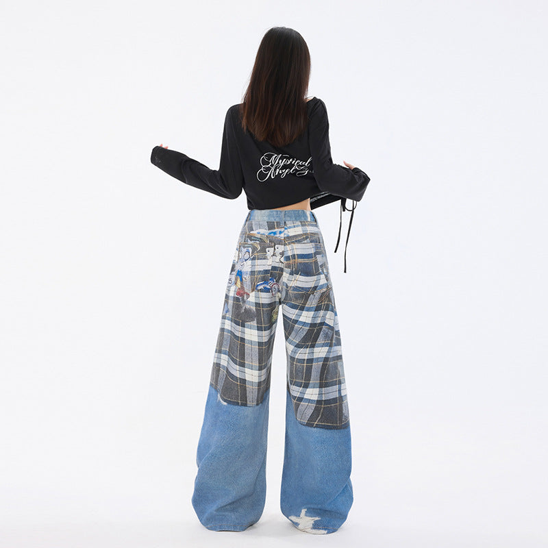 Women's Shirt Belt Printed Denim Straight Leg Trousers