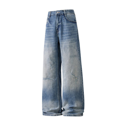 Gradient Wash Denim Jeans — Mid-Rise Straight Leg Zipper Fly (Blue)