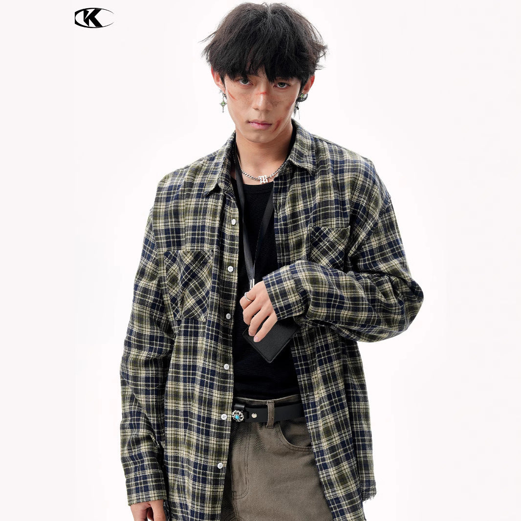 Blue Green Plaid Long Sleeve Turn-Down Collar Shirt