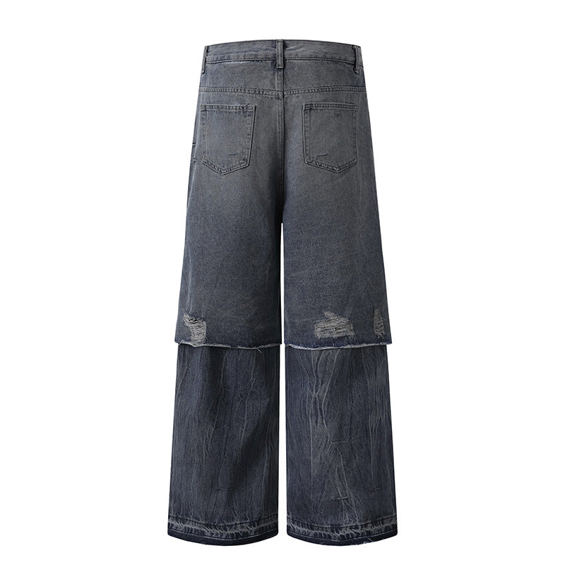 Ripped Faux Two-Piece Straight Leg Jeans Washed Casual Trousers