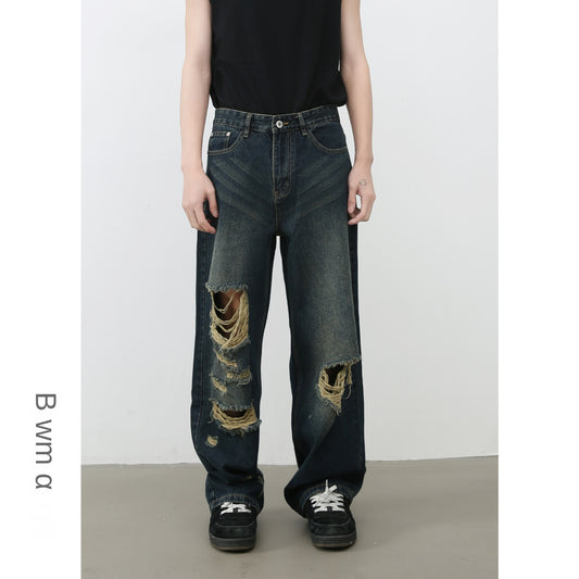 American High Street Retro Distressed Denim Trousers - Men's Straight Loose Wide-Leg Pants
