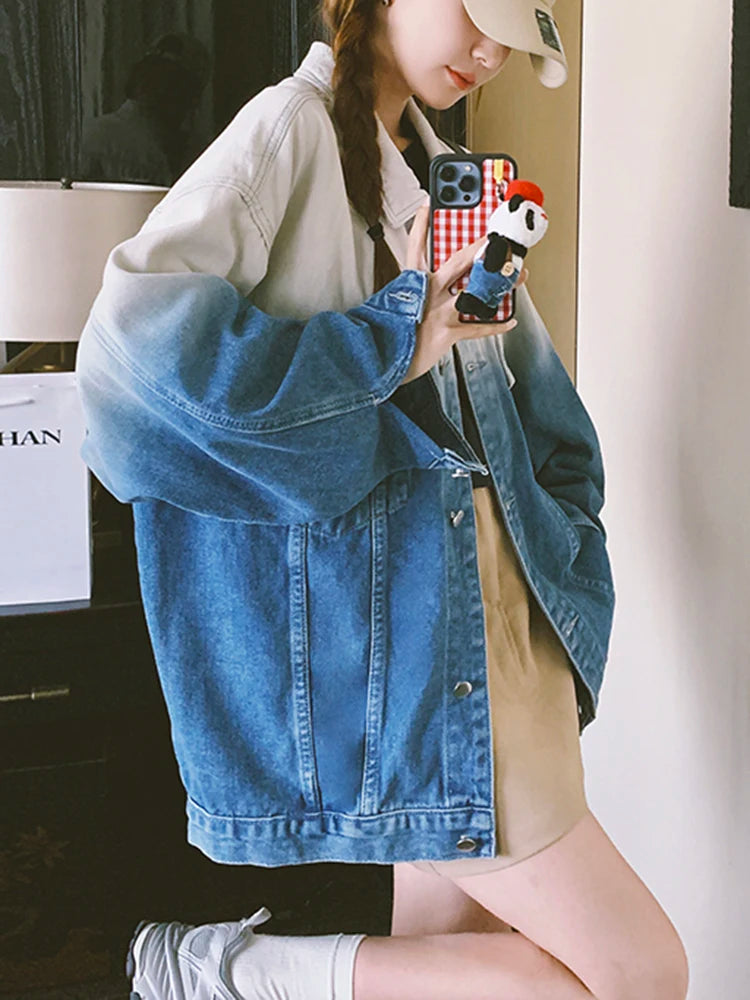 Gradient Blue Denim Jacket for Women – Stylish Long Sleeve Loose Streetwear Coat