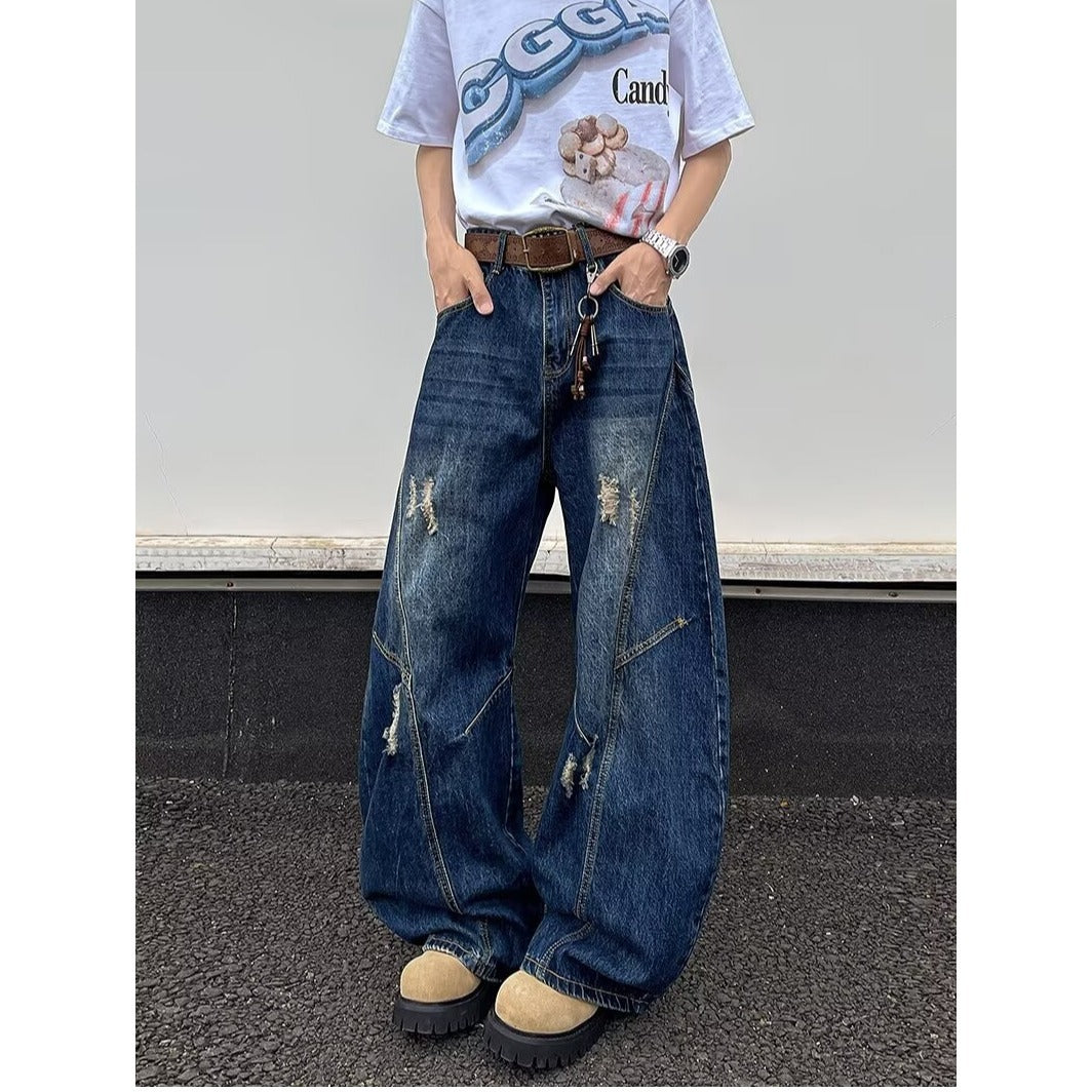 Deep Blue Wide Leg Ripped Denim Micro Flared Knife Pants