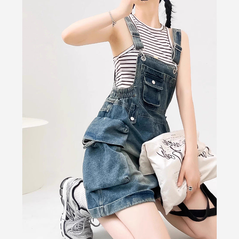 Vintage Workwear Style Denim Overalls for Women - Age-Reducing Loose Wide-Leg Jumpsuit