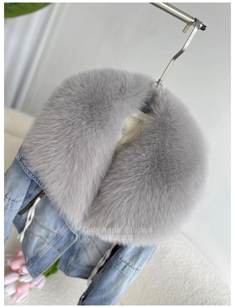Women's Casual Denim Jacket with Fox Fur Collar