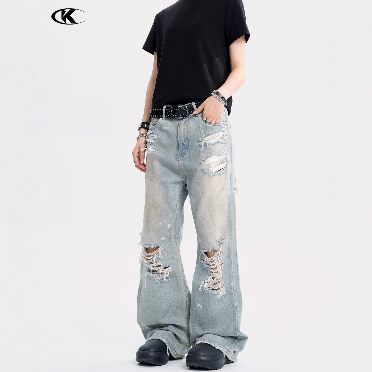 Water-Washed Loose Fringe Slim Fit Casual Long Trousers