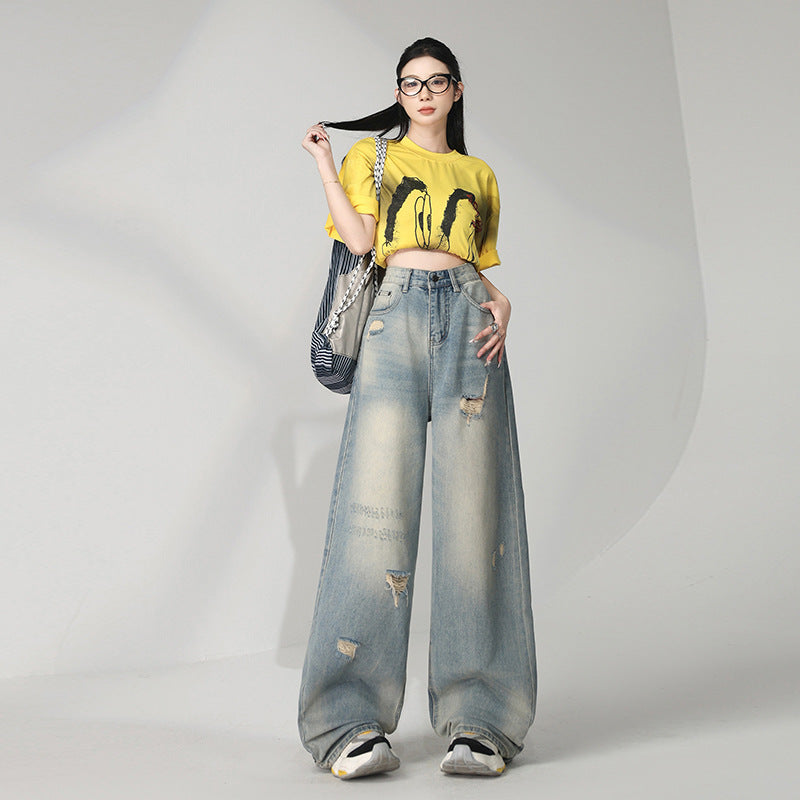 Distressed Washed Ripped Jeans for Women - Loose High Waist Slim Wide Leg Floor-Length Pants