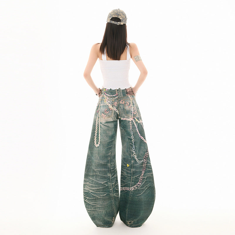 Women's High Street Wide-Leg Floor-Length Denim Pants