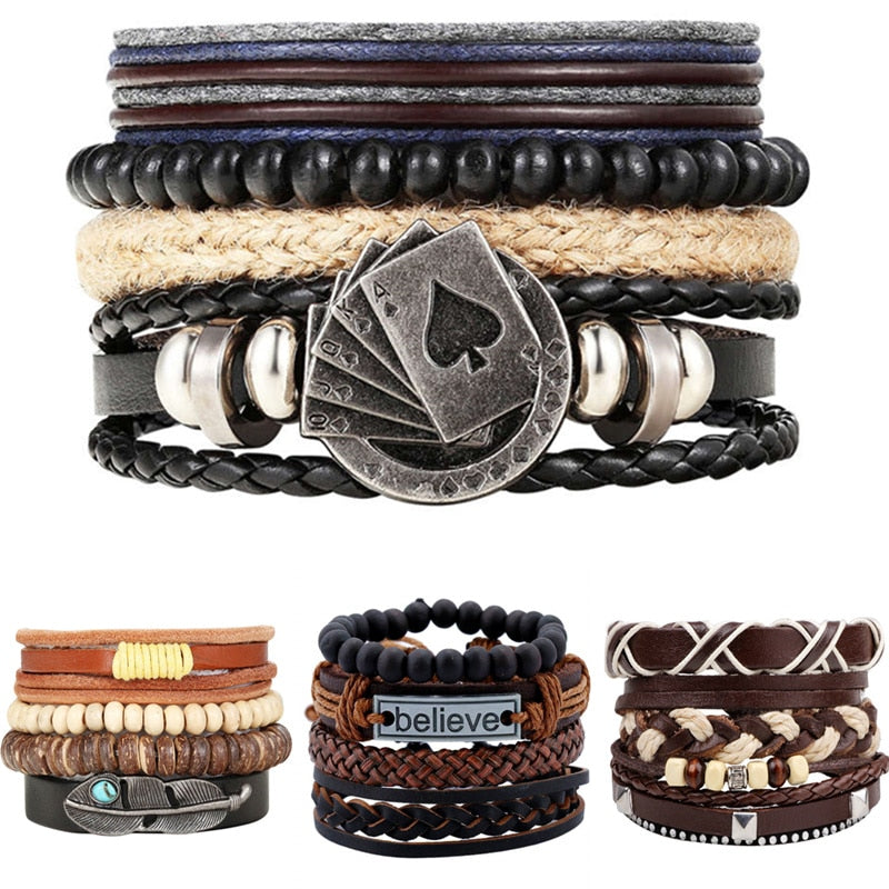 Punk Leather Bracelet Lucky Spade Straight Flush Poker Handmade Charm Bracelet Men
