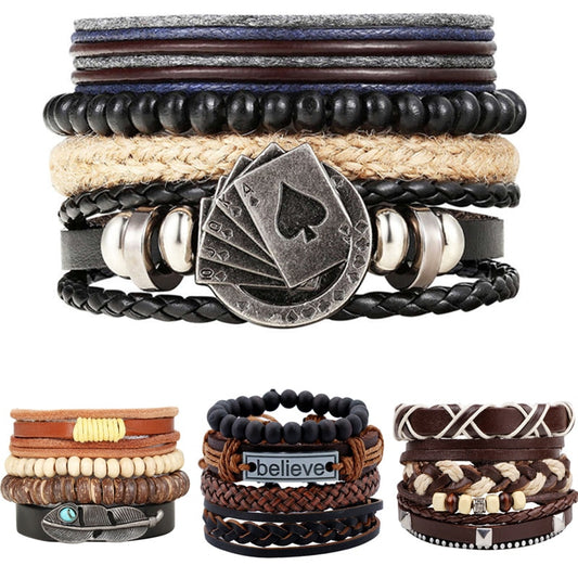 Punk Leather Bracelet Lucky Spade Straight Flush Poker Handmade Charm Bracelet Men