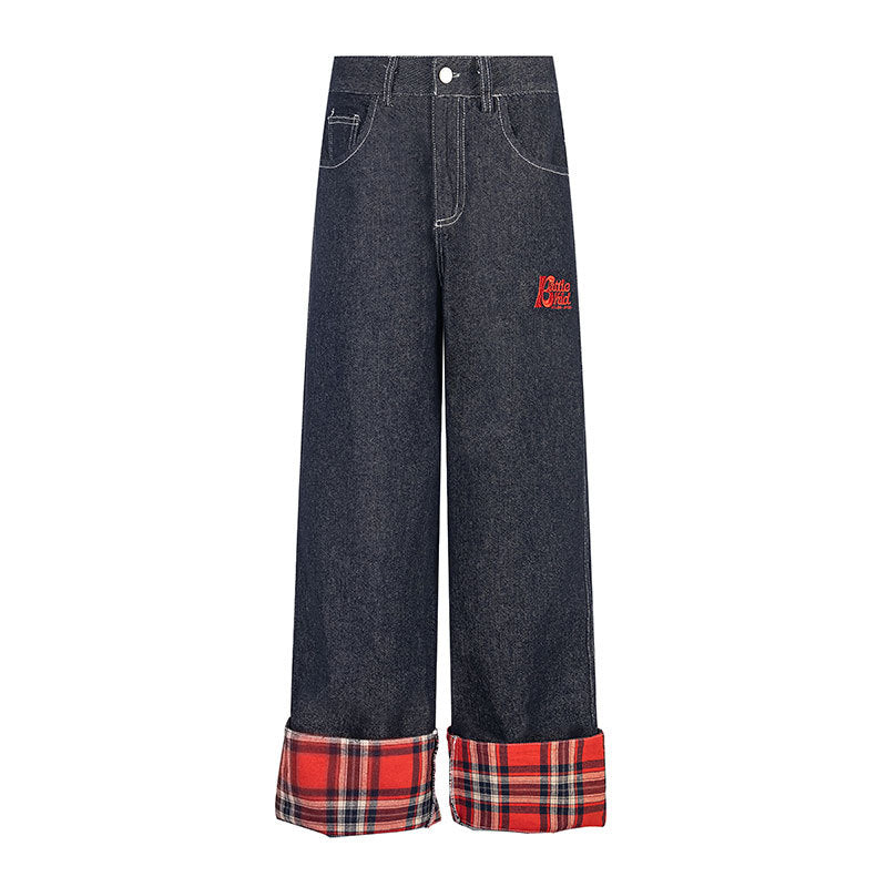 Checkered Patchwork Rolled Edge Jeans - Premium Japanese Denim