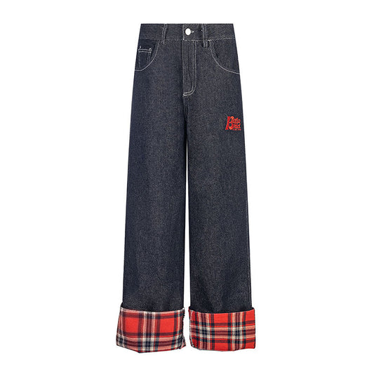 Checkered Patchwork Rolled Edge Jeans - Premium Japanese Denim
