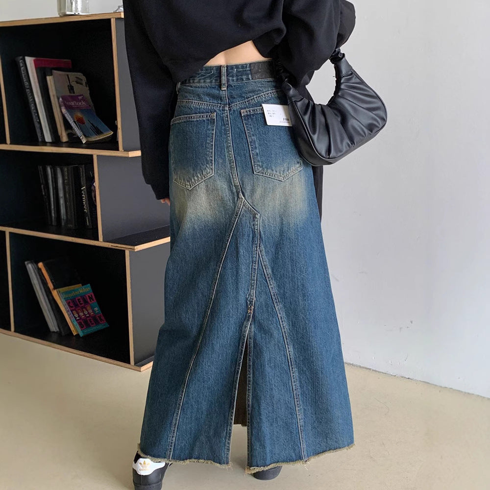 High-Waisted Slimming Washed A-Line Denim Skirt with Frayed Hem