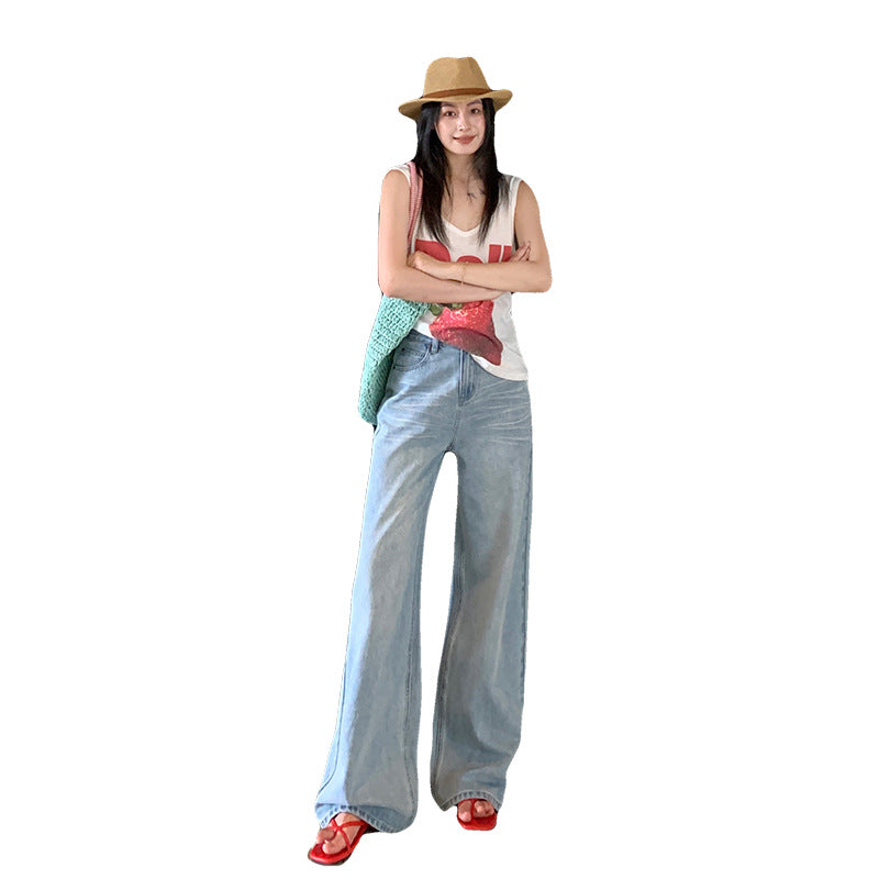 Women's Lightweight Washed Denim Summer High-Waist Wide-Leg Trousers