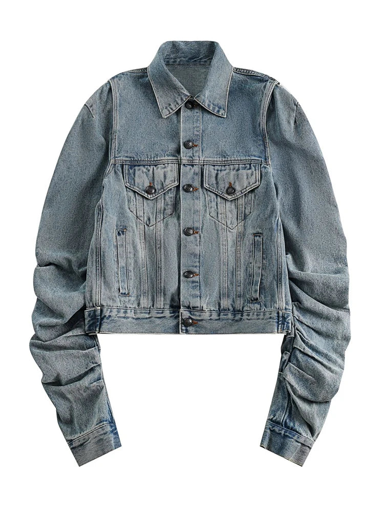 Women's Vintage Denim Coat with Shoulder Pads - Blue Washed