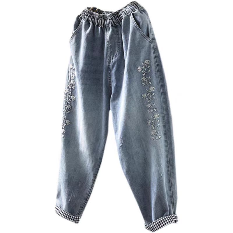 Embroidered Cotton Washed Soft Denim Harem Pants