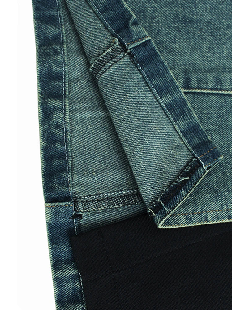 High Waist Blue Denim Color-Block Midi Skirt for Women