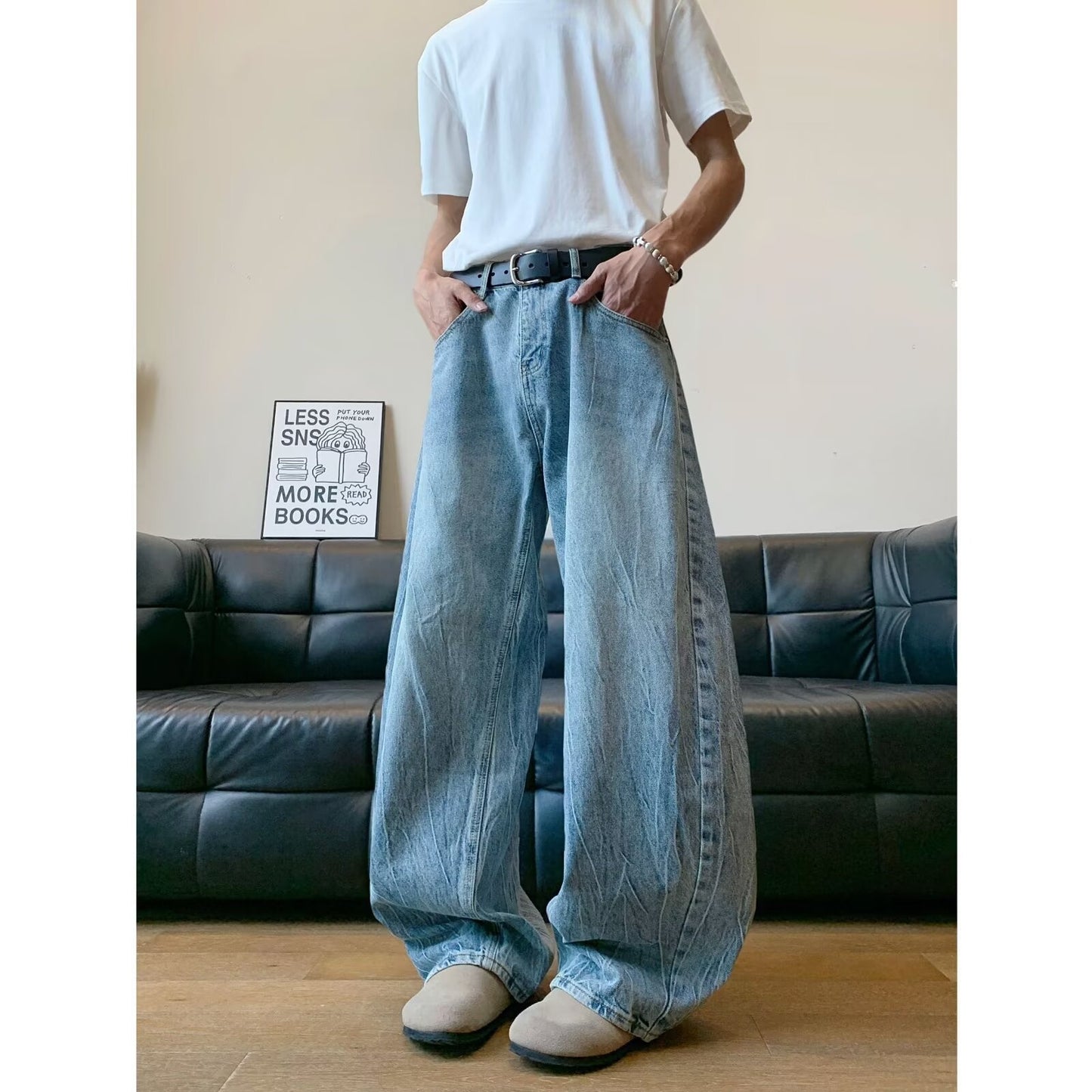 Washed Curved Knife Denim Casual Wide Leg Banana Pants