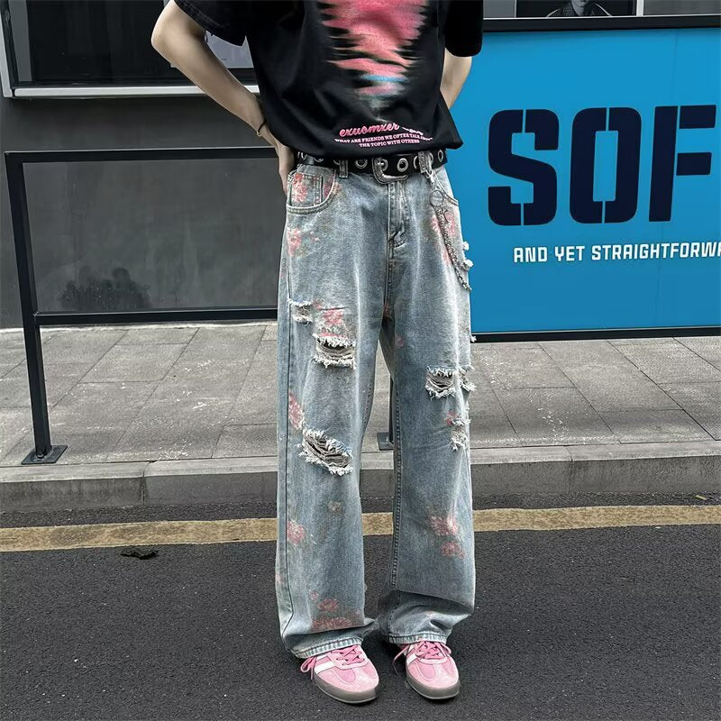 Flower Hole Cowboy Rose Full Print Straight Pants
