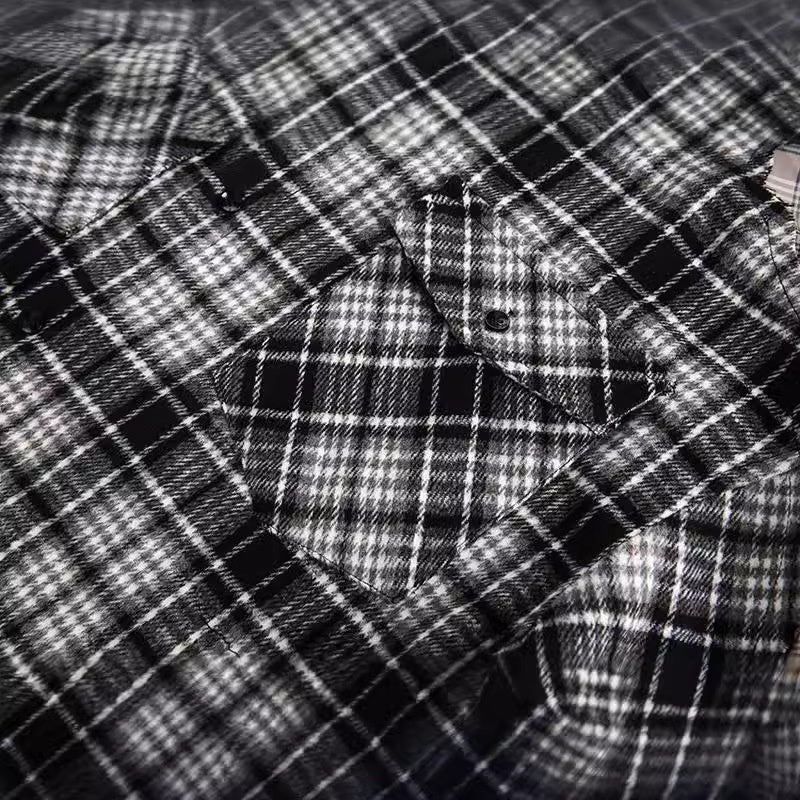 Splicing Plaid Fringed Long Sleeved Shirt for Men and Women