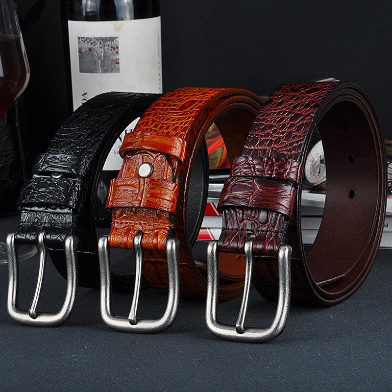 Men's Genuine Leather Crocodile Pattern Belt with Retro Pin Buckle